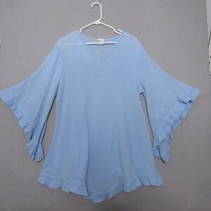 Oh My Gauze Top Tunic Small‎ or Medium Blue Bell Sleeve Ruffle Flowy Beachy Boho
